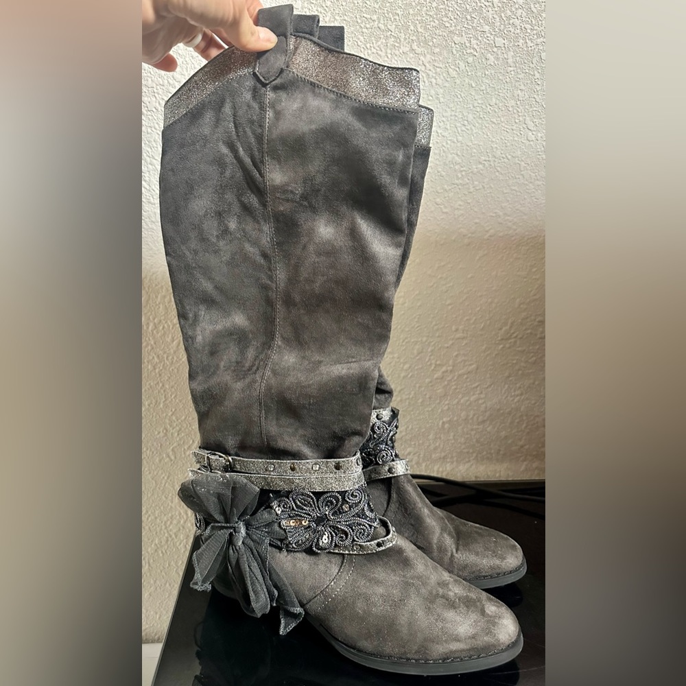 Grey and silver suede boots